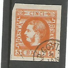 (No2)-timbre-(L.P.25)-Romania-CAROL I cu favoritii 1869- 5 bani portocaliu