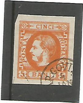 (No2)-timbre-(L.P.25)-Romania-CAROL I cu favoritii 1869- 5 bani portocaliu foto