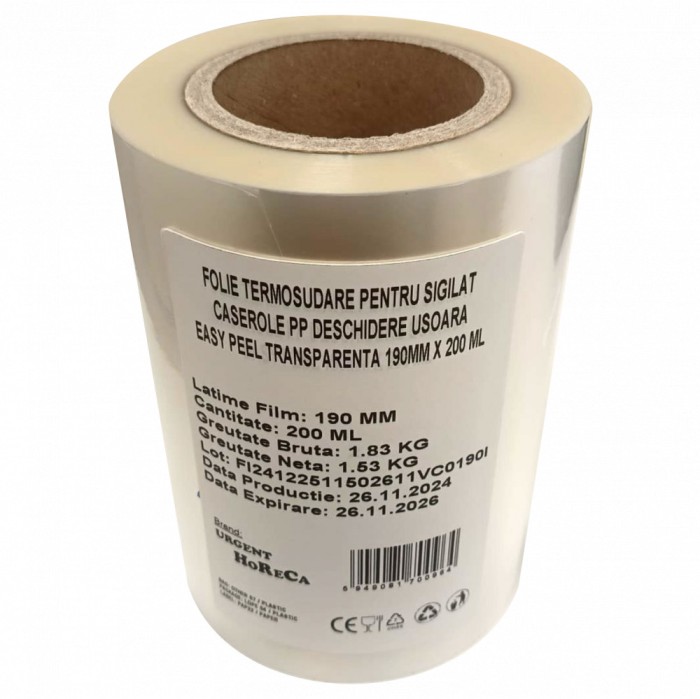 Folie termosudare, pentru sigilat caserole PP, Easy Peel 190MM X 200 ML