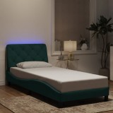 vidaXL Cadru de pat cu lumini LED, verde &icirc;nchis, 90x190 cm, catifea