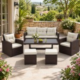 Set mobilier de gradina 7 piese cu canapea, fotolii si masa, ratan PE