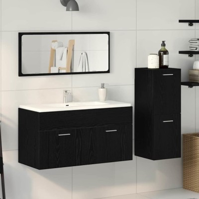 Set Mobilier Baie 3 Piese Negru Stejar Lemn Ingineresc foto