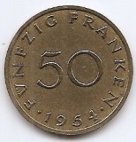Saarland 50 Franken 1954 - Bronz aluminiu, 27mm, KM-3 (2), Europa, Bronz-Aluminiu