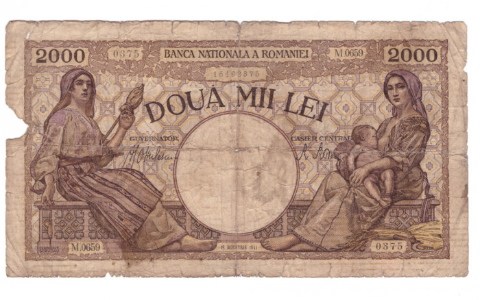 Bancnota 2000 lei 19 noiembrie 1941, circulata, uzata