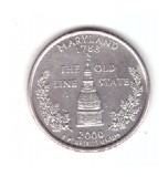 Moneda SUA 25 centi/quarter dollar 2000 D Maryland 1788, stare buna, curata, America de Nord, Cupru-Nichel