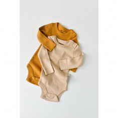 Set de 2 body-uri cu maneca lunga din bumbac organic si modal - Mustar/Somon BabyCosy (Marime: 3-6 Luni)