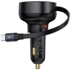 Incarcator auto Baseus Enjoyment Pro, 1 x USB Type-C Cablu retractabil, 1 x USB , total output 60W, pt. bricheta auto, negru