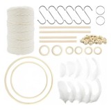 Set 80 piese de creatie LLGLEU, cu fir marcame inele si margele, bumbac, lemn, pene, bej