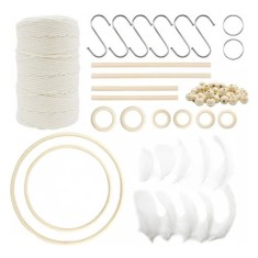 Set 80 piese de creatie LLGLEU, cu fir marcame inele si margele, bumbac, lemn, pene, bej