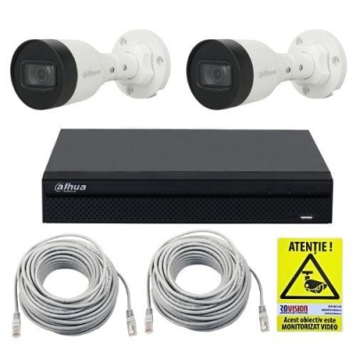 Kit IP Dahua 2 camere 4MP IR 30m PoE, NVR 4 canale PoE 12MP, cabluri + Autocolant Rovision SafetyGuard Surveillance foto