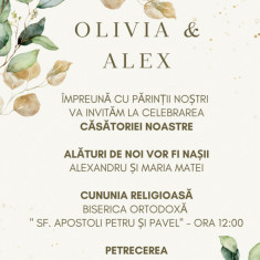 Invitatie nunta, 10x15 cm, cu plic personalizat, model 4, Green Leaves