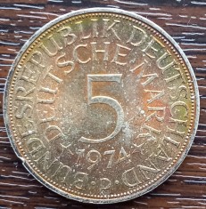 (A1090) MONEDA DIN ARGINT GERMANIA - 5 MARK 1974, LIT D, 11,2 GRAME,PURITATE 625