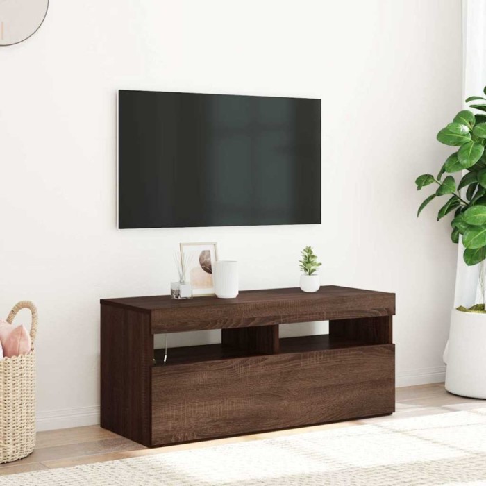 Comodă TV cu lumini LED, stejar maro, 90x35x40 cm