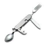 Briceag multifunctional Pufo pentru camping 6 in 1, cu lingura si furculita, 9 cm, argintiu