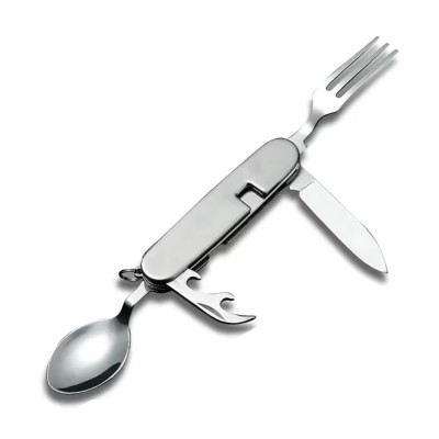 Briceag multifunctional Pufo pentru camping 6 in 1, cu lingura si furculita, 9 cm, argintiu foto