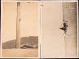 M176 Lot de 2 poze cu muncitor lucr&acirc;nd la mare &icirc;nălțime pe coș industrial, anii 1930