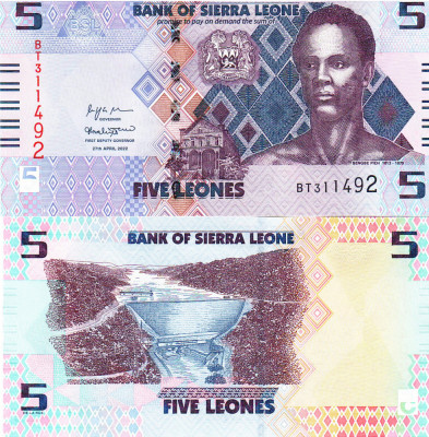 Bancnota Sierra Leone 5 Leones P-New 2022 UNC foto