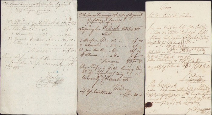 A327 Lot de 3 chitanțe olografe emise la Cernăuți cu cheltuieli ale Regimentului kk 8 Husari Kienmayer, 1823