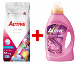 Detergent pudra pentru rufe colorate Active, sac 10kg, 135 spalari + Balsam de rufe Active Happy Day, 1.5 litri, 60 spalari