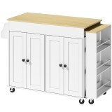 HOMCOM Insulă de bucătărie cu roți Blat extensibil 4 uși Rafturi reglabile Suport pentru condimente și suport pentru prosoape Alb | Aosom Romania