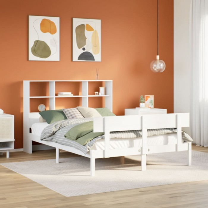 vidaXL Pat cu bibliotecă fără saltea, alb, 160x200 cm, lemn masiv pin 3321813