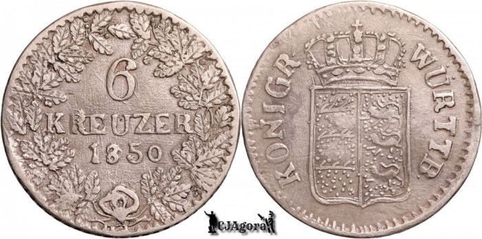 1850, 6 Kreuzer - Wilhelm I - Regatul W&uuml;rttemberg - fals contemporan, rebatere