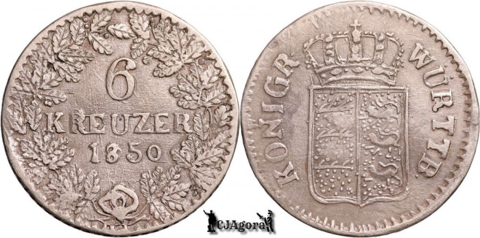 1850, 6 Kreuzer - Wilhelm I - Regatul W&uuml;rttemberg - fals contemporan, rebatere