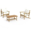 Set mobilier de gradina, cu perne alb crem, 3 piese, bambus