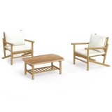 Set mobilier de gradina, cu perne alb crem, 3 piese, bambus