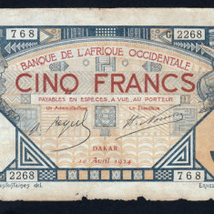 Africa Occidentala 5 Francs s768 2268 1924 P#5Bb
