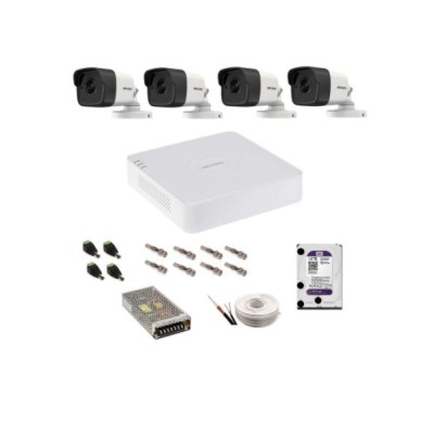 Kit complet supraveghere 5 MP Hikvision Turbo HD cu 4 camere exterior IR 25m, HDD 1 Tb, accesorii complete, vizualizare pe telefonul mobil SafetyGuard foto