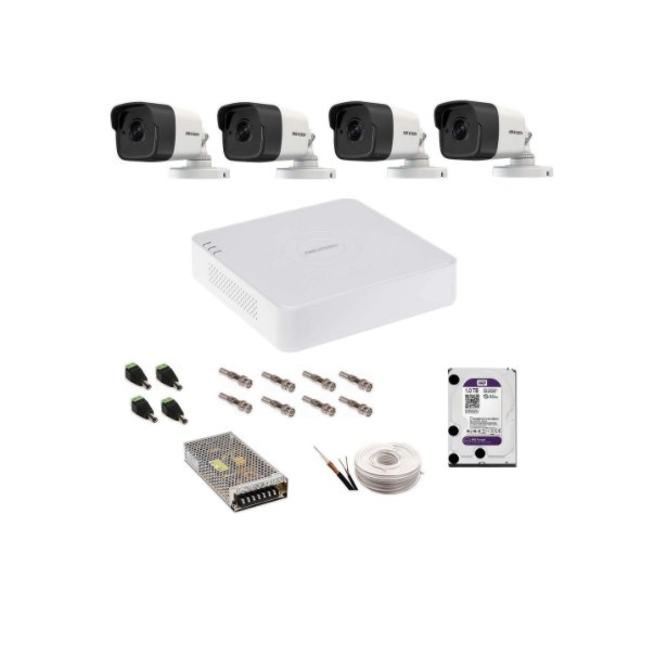 Kit complet supraveghere 5 MP Hikvision Turbo HD cu 4 camere exterior IR 25m, HDD 1 Tb, accesorii complete, vizualizare pe telefonul mobil SafetyGuard