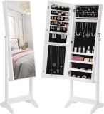 Oglinda de podea Songmics cu dulap pentru bijuterii si suport, alba, MDF, 152 cm