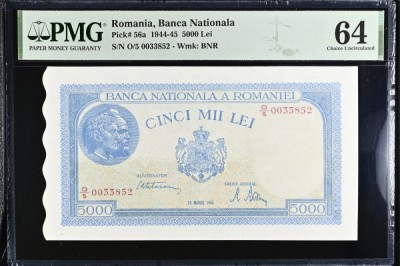 5000 lei martie 1945 PMG64 UNC bancnota gradata foto