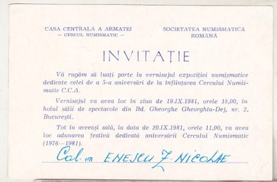 bnk div Invitatie Expozitie numismatica cercul CCA Bucuresti 1981 foto