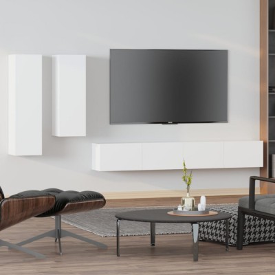 Set dulap TV, 4 piese, alb, lemn prelucrat foto