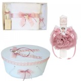 Set trusou botez, cutie trusou si lumanare, dantela si Ingeras, decor Roz