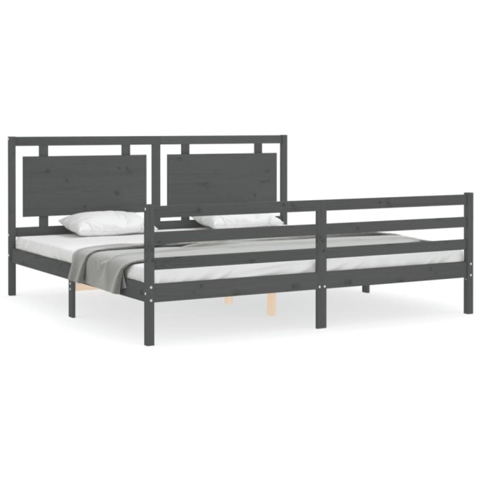 Cadru pat cu tablie 200x200 cm, gri, lemn masiv