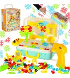 Set de construit 258 piese cu blocuri, surubelnita, suruburi colorate si cutie de depozitare in forma de troler cu roti, Oem