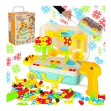 Set de construit 258 piese cu blocuri, surubelnita, suruburi colorate si cutie de depozitare in forma de troler cu roti