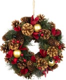 Coronita decorativa de Craciun naturala, suspendabila, cu flori rosii, 30 cm