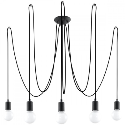 Candelabru Edison Negru, Țesătură/Otel, 5 Becuri Neregulate, Mansardă De Interior. foto