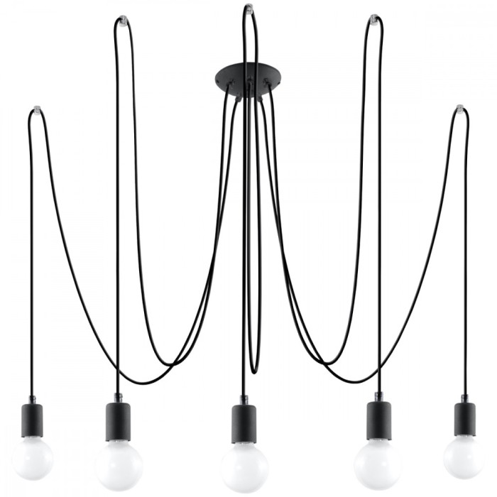 Candelabru Edison Negru, Țesătură/Otel, 5 Becuri Neregulate, Mansardă De Interior.