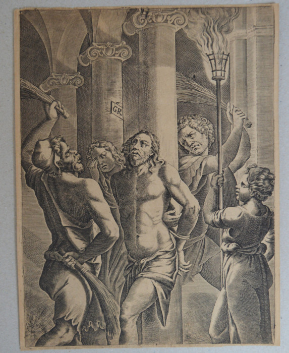 Giulio Romano &quot;Biciuirea lui Isus&quot; gravura veche 1550-1619