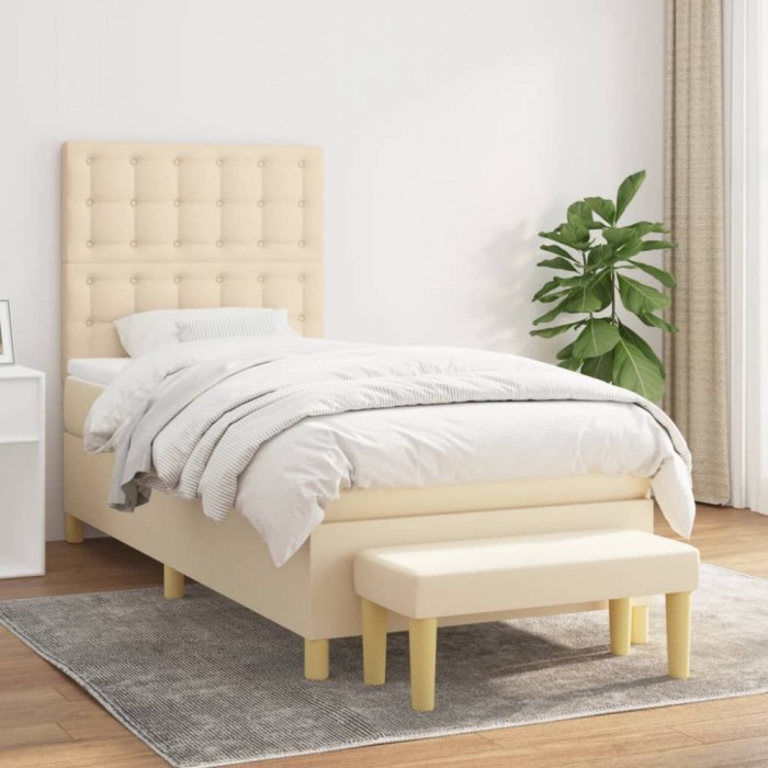 Pat box spring cu saltea, crem, 90x190 cm, textil