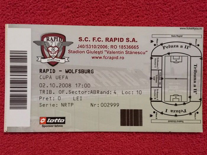 Bilet meci fotbal RAPID BUCURESTI - WOLFSBURG (UEFA CUP 02.10.2008)