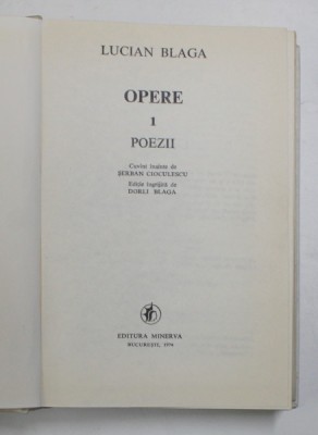 OPERE , VOL. I , POEZII de LUCIAN BLAGA , 1974 foto