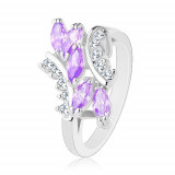 Inel de culoare argintie, zirconii &icirc;n formă de bob de culoare violet deschis, zirconii transparente - Marime inel: 49