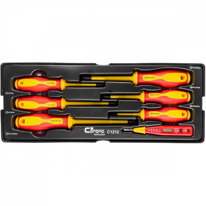 Set surubelnite izolate, late si cruce, cu creion de faza, sertar TIP A (385x150 mm) pentru dulap mobil, PH0-2, 3-5.5 mm, 60-125 mm, 7 elemente, RICHM