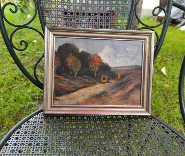 Tablou vechi ulei panza peisaj toamna cu trasura 21/26,5 cm redus